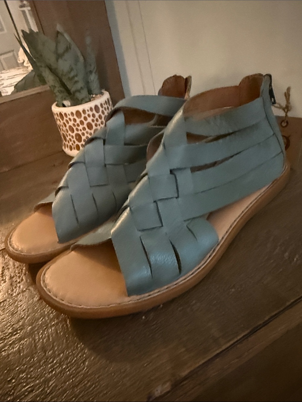 Born Teal Woven Leather Open-Toe Sandals